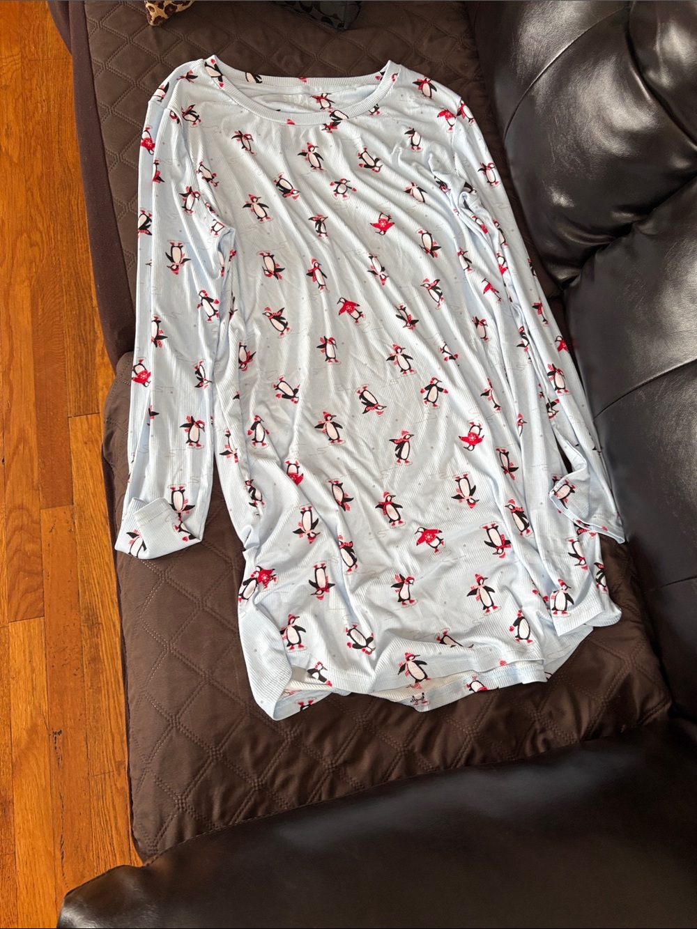 Light Blue Penguin Print Long-Sleeve Pajama Top